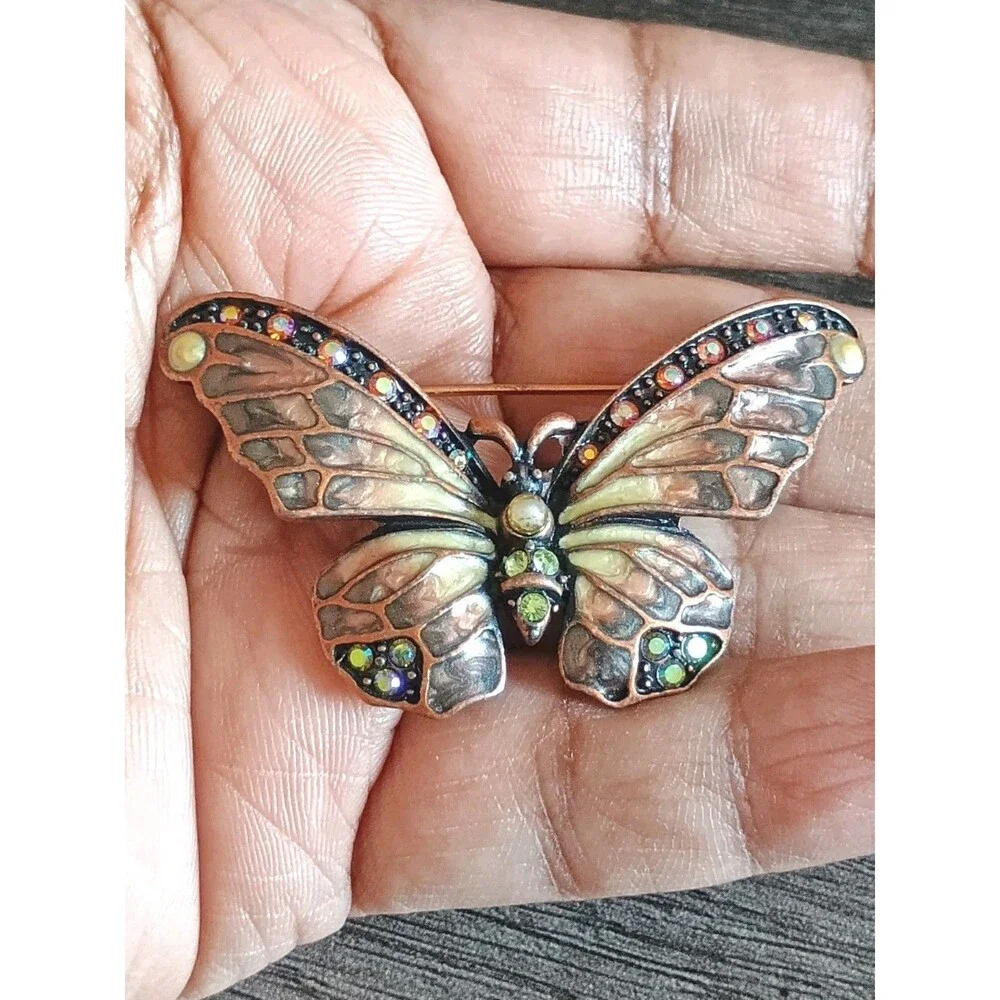 Joan Rivers Butterfly Copper Orange Green Rhinestone Pearlized Enamel Brooch